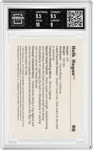 Hulk Hogan from the 1990 Classic WWF set graded by Arena Club and given an overall grade of 9.5.