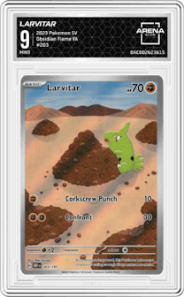 Larvitar from the 2023 Pokemon SV set graded by Arena Club and given an overall grade of 9.