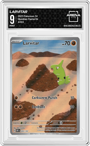 Larvitar from the 2023 Pokemon SV set graded by Arena Club and given an overall grade of 9.