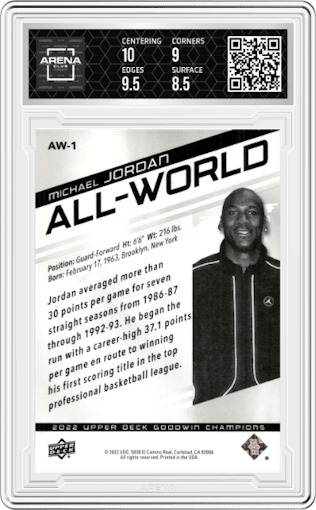 Michael Jordan from the 2022 UD Goodwin Champions set graded by Arena Club and given an overall grade of 9.