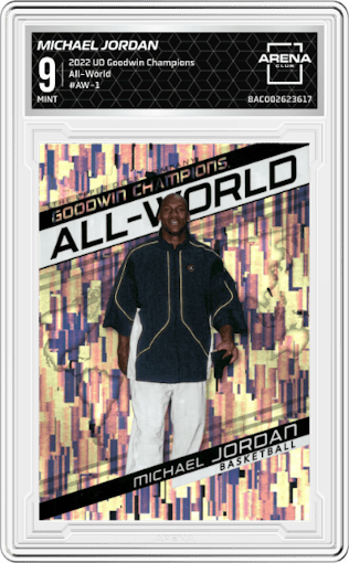 Michael Jordan from the 2022 UD Goodwin Champions set graded by Arena Club and given an overall grade of 9.