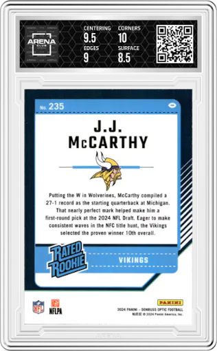 J.J. McCarthy from the 2024 Donruss Optic set graded by Arena Club and given an overall grade of 9.