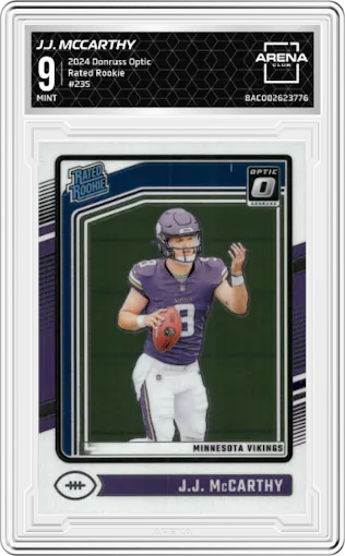 J.J. McCarthy from the 2024 Donruss Optic set graded by Arena Club and given an overall grade of 9.
