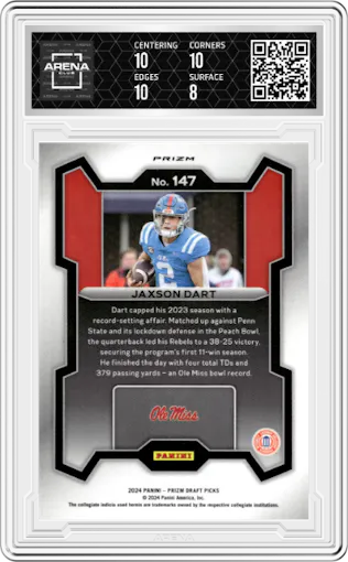 Jaxson Dart from the 2024 Panini Prizm Draft Picks set featuring a Red Ice parallel graded by Arena Club and given an overall grade of 8.5.
