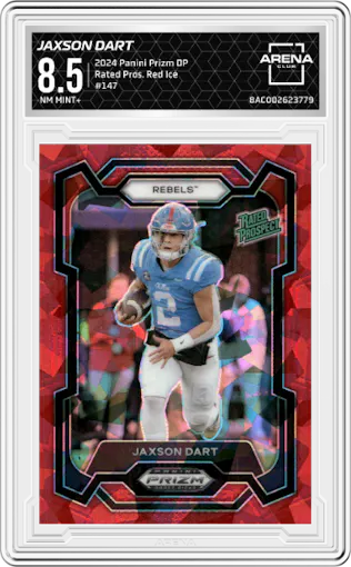 Jaxson Dart from the 2024 Panini Prizm Draft Picks set featuring a Red Ice parallel graded by Arena Club and given an overall grade of 8.5.