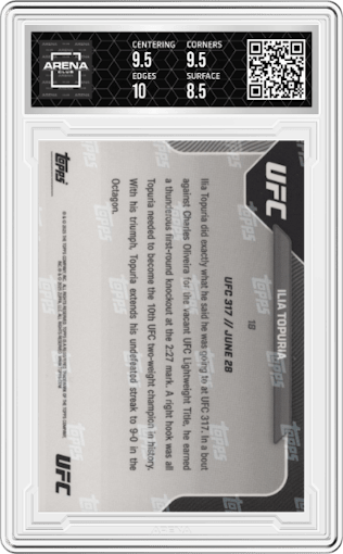 Ilia Topuria from the 2025 Topps Now UFC set graded by Arena Club and given an overall grade of 9.