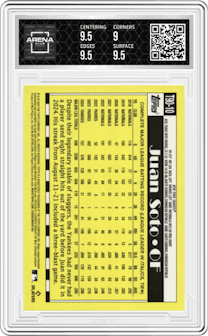 Juan Soto from the 2025 Topps set graded by Arena Club and given an overall grade of 9.5.
