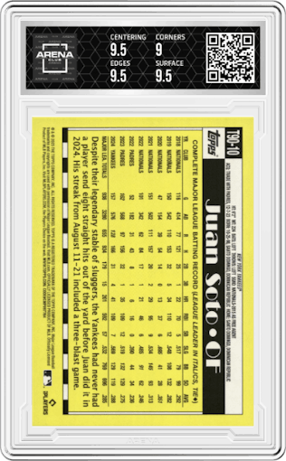 Juan Soto from the 2025 Topps set graded by Arena Club and given an overall grade of 9.5.