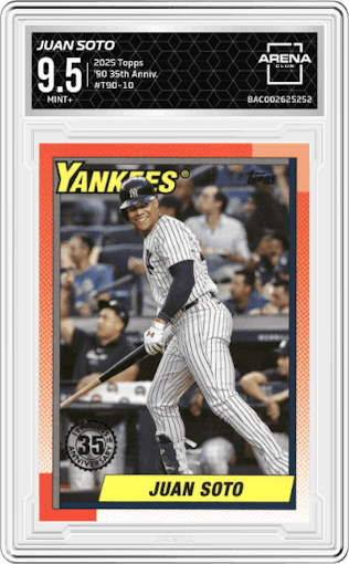 Juan Soto from the 2025 Topps set graded by Arena Club and given an overall grade of 9.5.