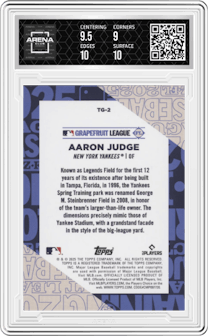 Aaron Judge from the 2025 Topps set graded by Arena Club and given an overall grade of 9.5.