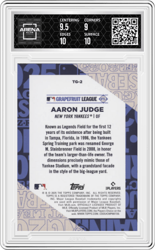 Aaron Judge from the 2025 Topps set graded by Arena Club and given an overall grade of 9.5.