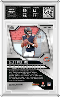 Caleb Williams from the 2024 Panini Prizm set featuring a Lazer Prizm parallel graded by Arena Club and given an overall grade of 9.