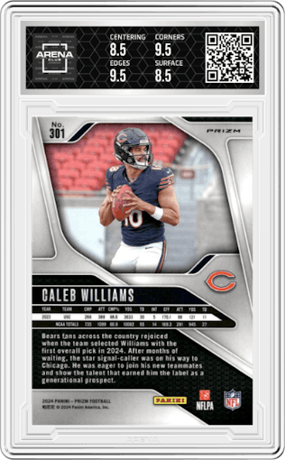 Caleb Williams from the 2024 Panini Prizm set featuring a Lazer Prizm parallel graded by Arena Club and given an overall grade of 9.