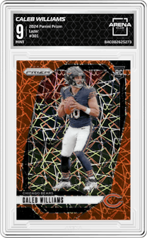 Caleb Williams from the 2024 Panini Prizm set featuring a Lazer Prizm parallel graded by Arena Club and given an overall grade of 9.
