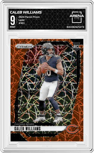 Caleb Williams from the 2024 Panini Prizm set featuring a Lazer Prizm parallel graded by Arena Club and given an overall grade of 9.