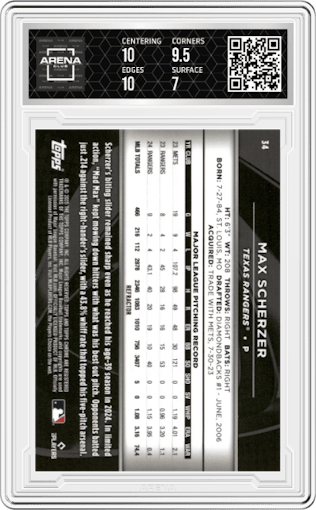 Max Scherzer from the 2025 Topps Chrome Black set featuring a Refractor parallel graded by Arena Club and given an overall grade of 7.5.