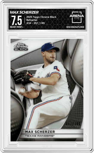 Max Scherzer from the 2025 Topps Chrome Black set featuring a Refractor parallel graded by Arena Club and given an overall grade of 7.5.