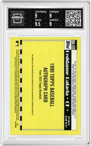 Ceddanne Rafaela from the 2025 Topps set graded by Arena Club and given an overall grade of 9.
