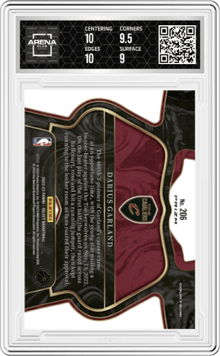 Darius Garland from the 2022-23 Panini Select set featuring a Cosmic parallel graded by Arena Club and given an overall grade of 9.5.