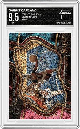 Darius Garland from the 2022-23 Panini Select set featuring a Cosmic parallel graded by Arena Club and given an overall grade of 9.5.