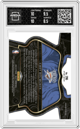 Chet Holmgren from the 2022-23 Panini Select set featuring a Cosmic parallel graded by Arena Club and given an overall grade of 9.