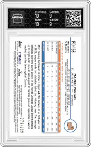 Marco Vargas  from the 2024 Topps Pro Debut set featuring a Purple Foil parallel graded by Arena Club and given an overall grade of 9.5.