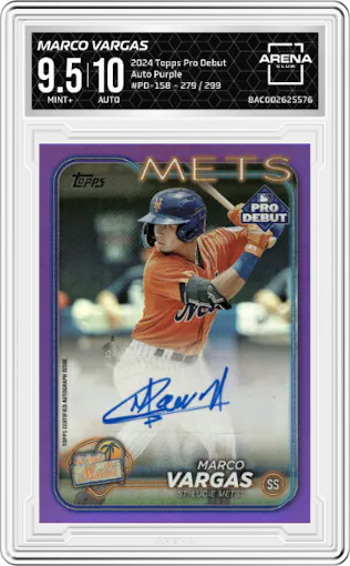 Marco Vargas  from the 2024 Topps Pro Debut set featuring a Purple Foil parallel graded by Arena Club and given an overall grade of 9.5.