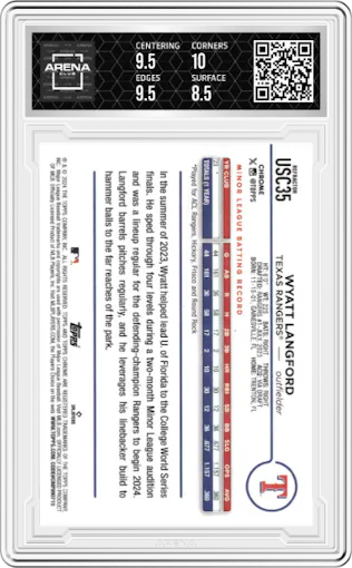 Wyatt Langford from the 2024 Topps Chrome Update set featuring a Prism Refractor parallel graded by Arena Club and given an overall grade of 9.