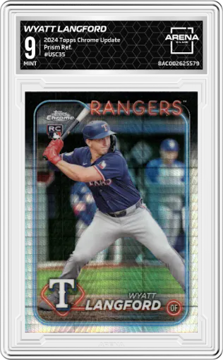 Wyatt Langford from the 2024 Topps Chrome Update set featuring a Prism Refractor parallel graded by Arena Club and given an overall grade of 9.
