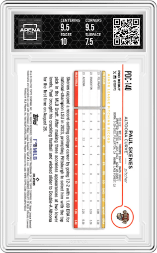 Paul Skenes from the 2024 Topps Pro Debut set graded by Arena Club and given an overall grade of 8.