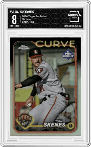 Paul Skenes from the 2024 Topps Pro Debut set graded by Arena Club and given an overall grade of 8.