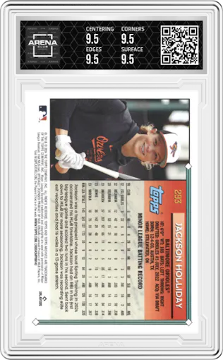Jackson Holliday from the 2024 Topps Archives set graded by Arena Club and given an overall grade of 9.5.