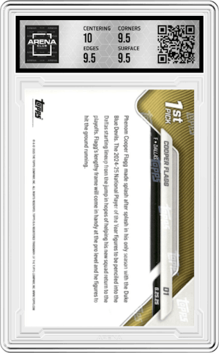 Cooper Flagg from the 2025-26 Topps Now set graded by Arena Club and given an overall grade of 10.