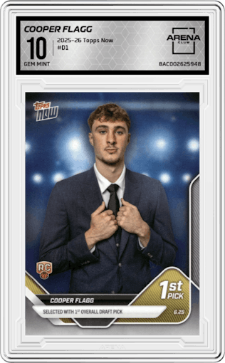 Cooper Flagg from the 2025-26 Topps Now set graded by Arena Club and given an overall grade of 10.