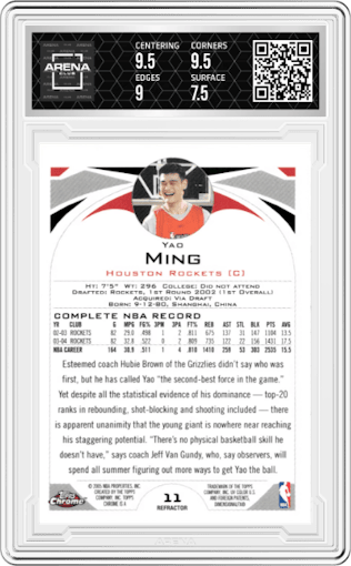 Yao Ming from the 2004-05 Topps Chrome set featuring a Refractor parallel graded by Arena Club and given an overall grade of 8.