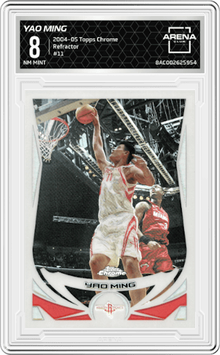 Yao Ming from the 2004-05 Topps Chrome set featuring a Refractor parallel graded by Arena Club and given an overall grade of 8.