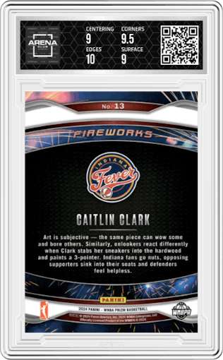 Caitlin Clark from the 2024 Panini Prizm WNBA set graded by Arena Club and given an overall grade of 9.5.