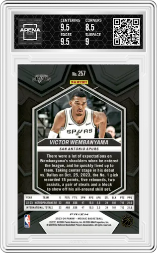 Victor Wembanyama from the 2023-24 Panini Mosaic set featuring a Green Mosaic parallel graded by Arena Club and given an overall grade of 9.
