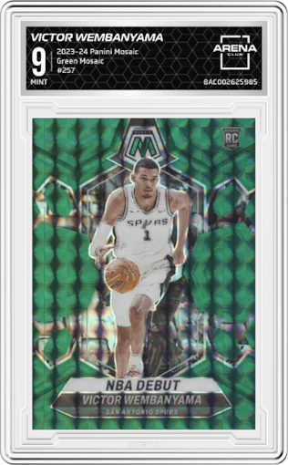 Victor Wembanyama from the 2023-24 Panini Mosaic set featuring a Green Mosaic parallel graded by Arena Club and given an overall grade of 9.