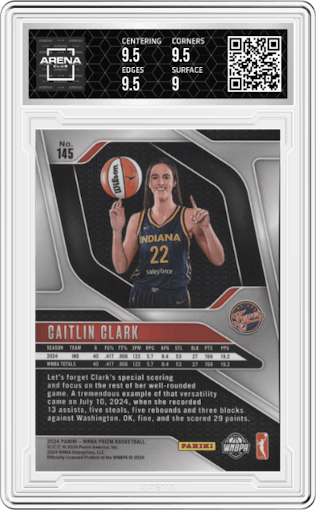Caitlin Clark from the 2024 Panini Prizm WNBA set graded by Arena Club and given an overall grade of 9.5.