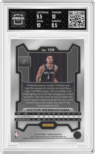 Victor Wembanyama from the 2023-24 Panini Prizm set graded by Arena Club and given an overall grade of 9.
