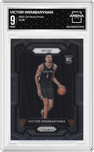 Victor Wembanyama from the 2023-24 Panini Prizm set graded by Arena Club and given an overall grade of 9.