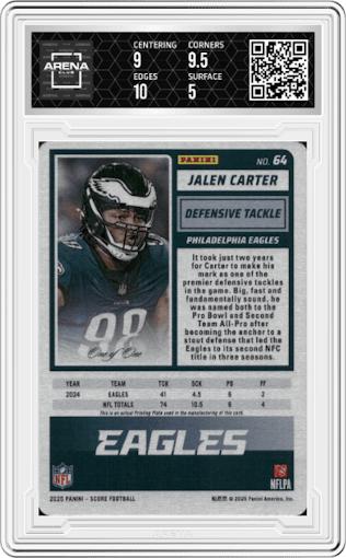 Jalen Carter from the 2025 Panini Score set featuring a Printing Plates Cyan parallel graded by Arena Club and given an overall grade of 5.5.