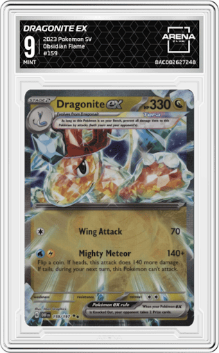 Dragonite EX from the 2023 Pokemon SV set graded by Arena Club and given an overall grade of 9.