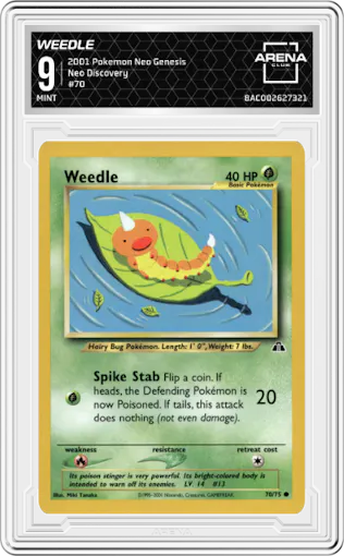 Weedle from the 2001 Pokemon Neo Genesis set graded by Arena Club and given an overall grade of 9.
