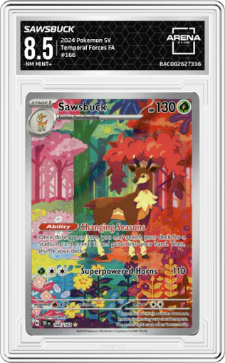 Sawsbuck from the 2024 Pokemon SV set graded by Arena Club and given an overall grade of 8.5.