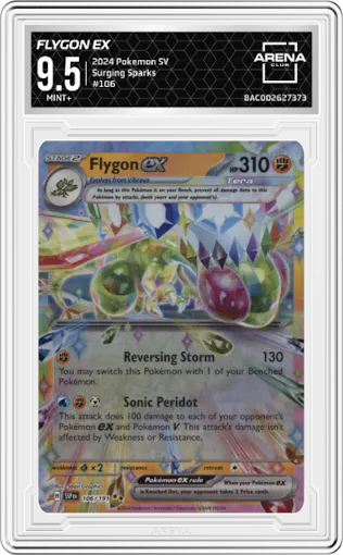 Flygon ex from the 2024 Pokemon SV set graded by Arena Club and given an overall grade of 9.5.