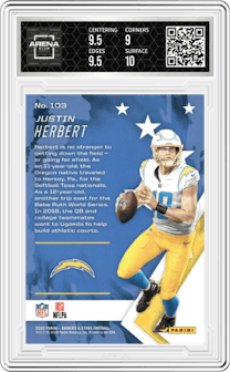 Justin Herbert from the 2020 Panini Rookies & Stars set graded by Arena Club and given an overall grade of 9.5.