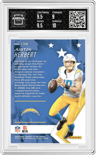 Justin Herbert from the 2020 Panini Rookies & Stars set graded by Arena Club and given an overall grade of 9.5.