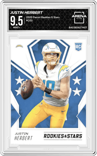 Justin Herbert from the 2020 Panini Rookies & Stars set graded by Arena Club and given an overall grade of 9.5.